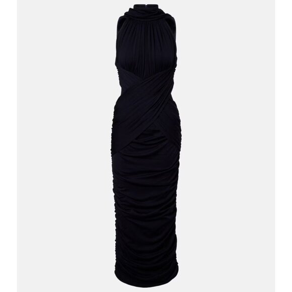 BALMAIN Ruched navy wool jersey midi dress size XS - Picture 4 of 13